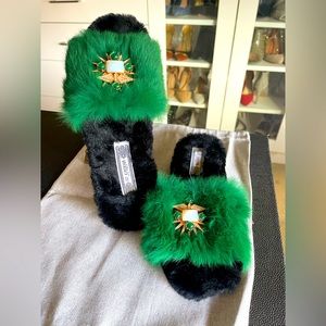Ivy Kirzhner Lumi Embellished Rabbit Fur slippers size 8. EU 38 Emerald Green